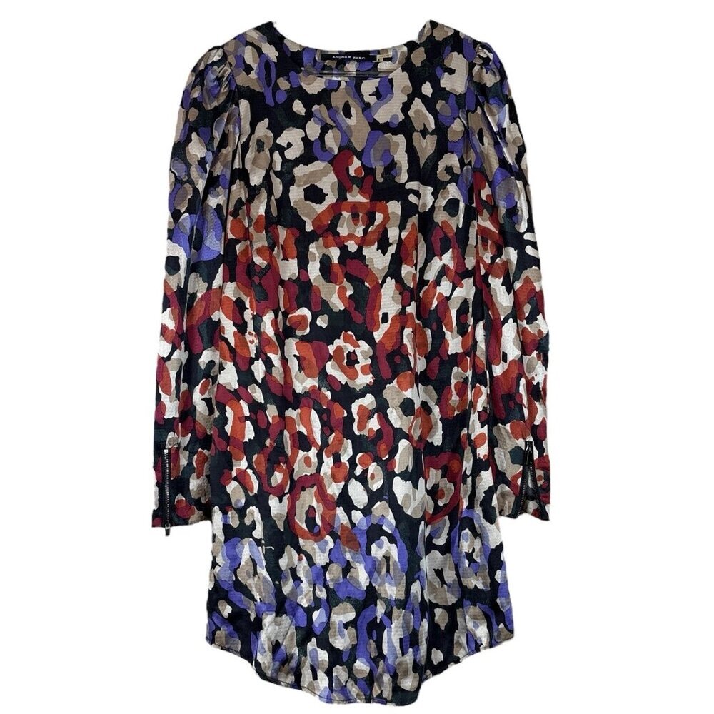 Andrew Marc Silk Blend Leopard Print Cocktail Dress Black Gray Multicolor Size 6